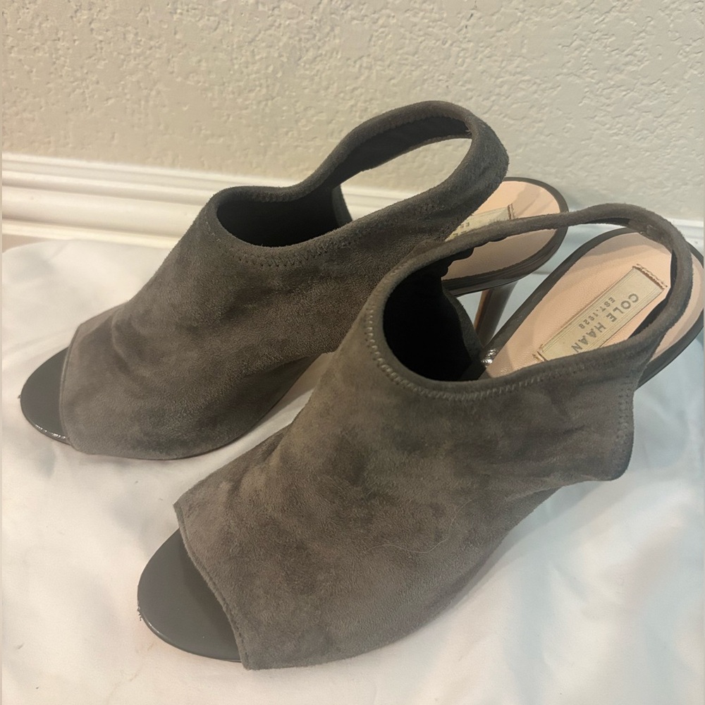 Cole Haan Dark Suede Open Toe Heels